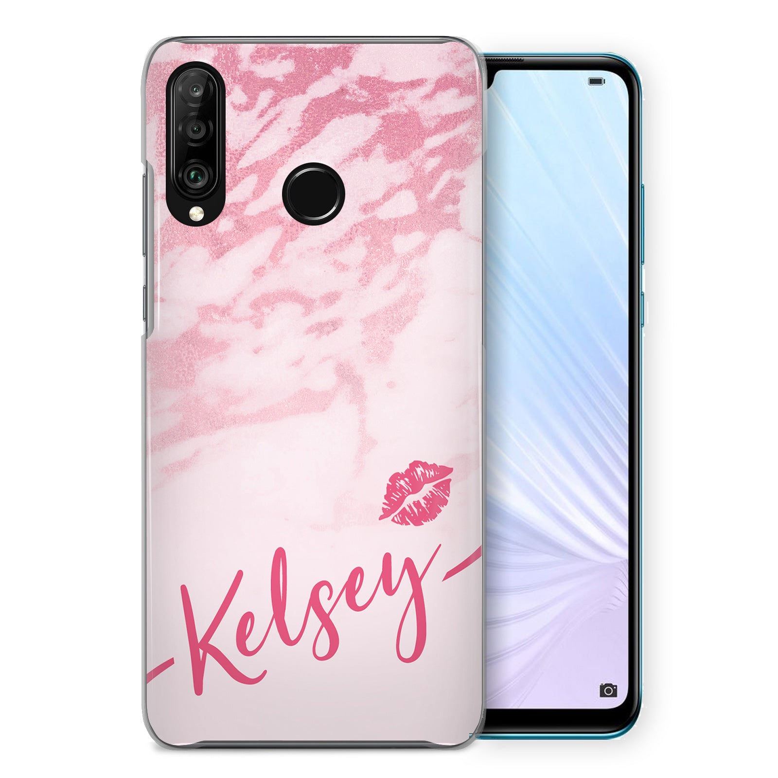 Personalised Huawei Hard Case - Pink Marble & Name Kiss