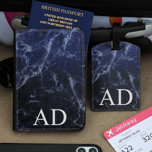 Personalised Passport Case & Tag with Blue Infused Marble & Text - Half Print