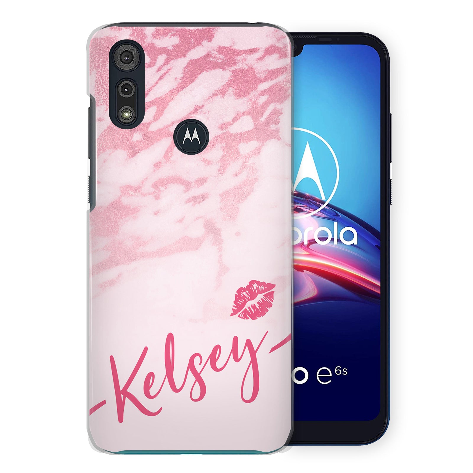 Personalised Motorola Hard Case - Pink Marble & Name Kiss