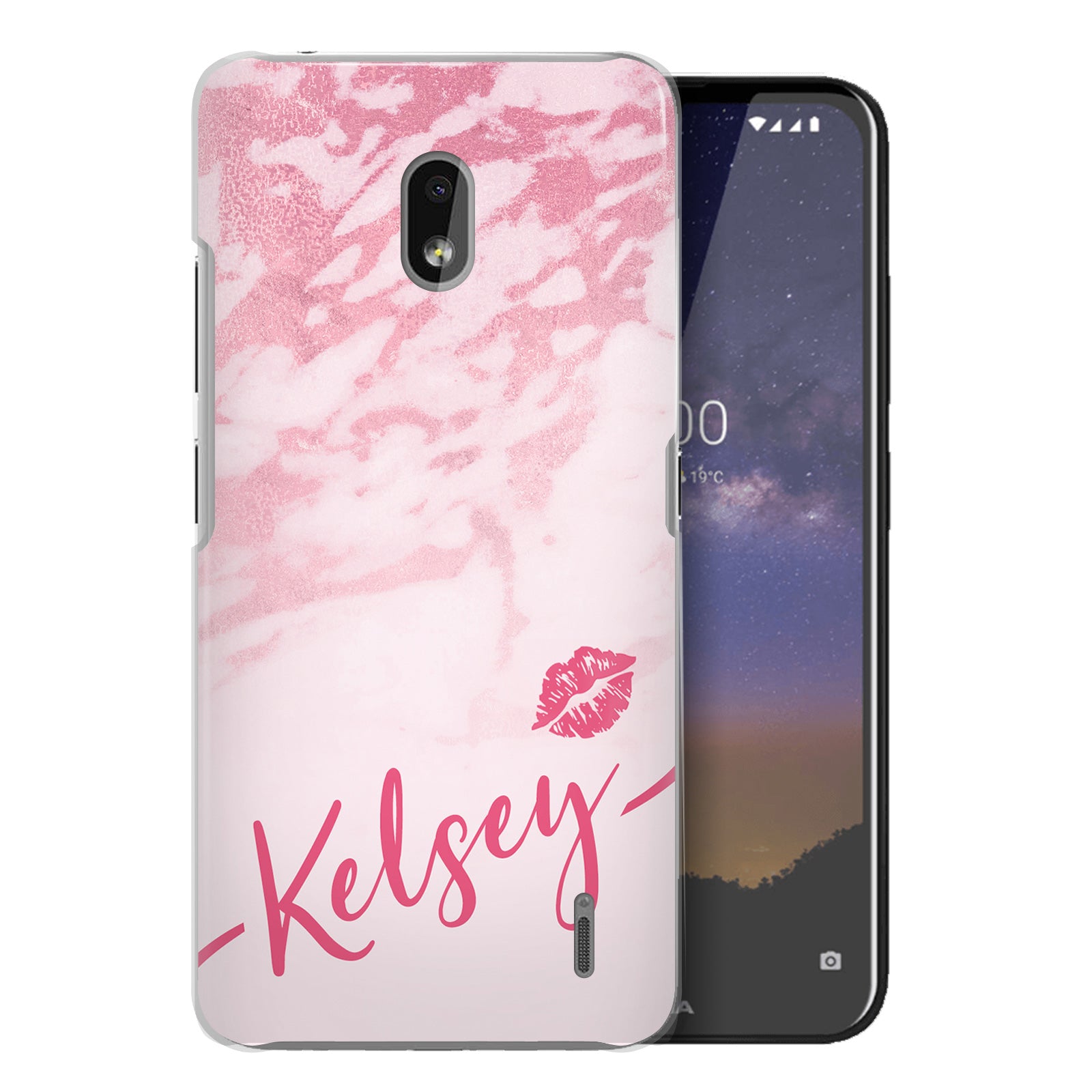 Personalised Nokia Hard Case - Pink Marble & Name Kiss