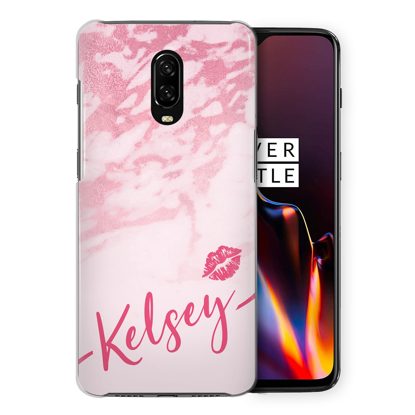 Personalised OnePlus Hard Case - Pink Marble & Name Kiss