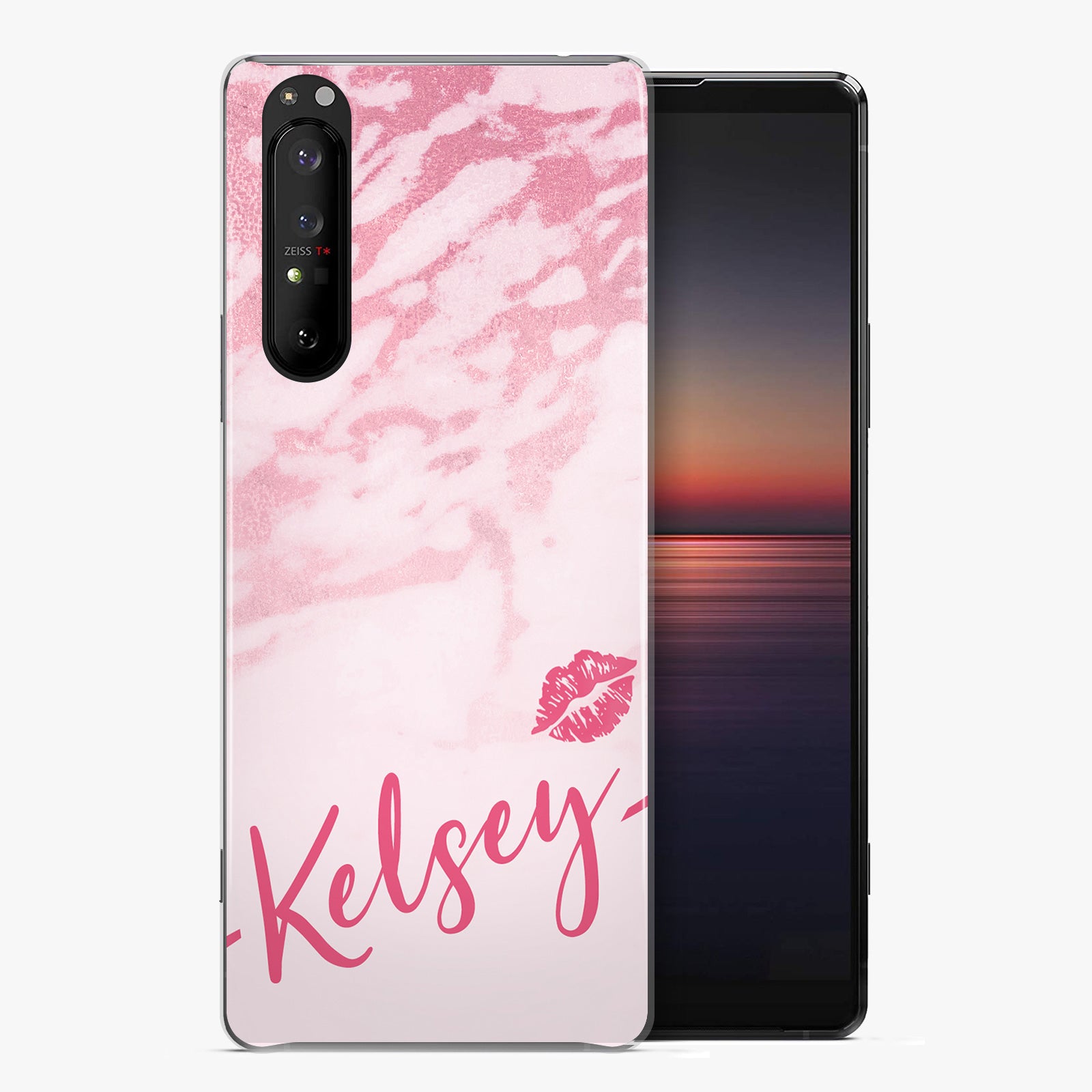 Personalised Sony Hard Case - Pink Marble & Name Kiss
