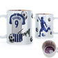 Personalised Mug with Stylish Text and White & Blue Striped Shirt with Name & Number