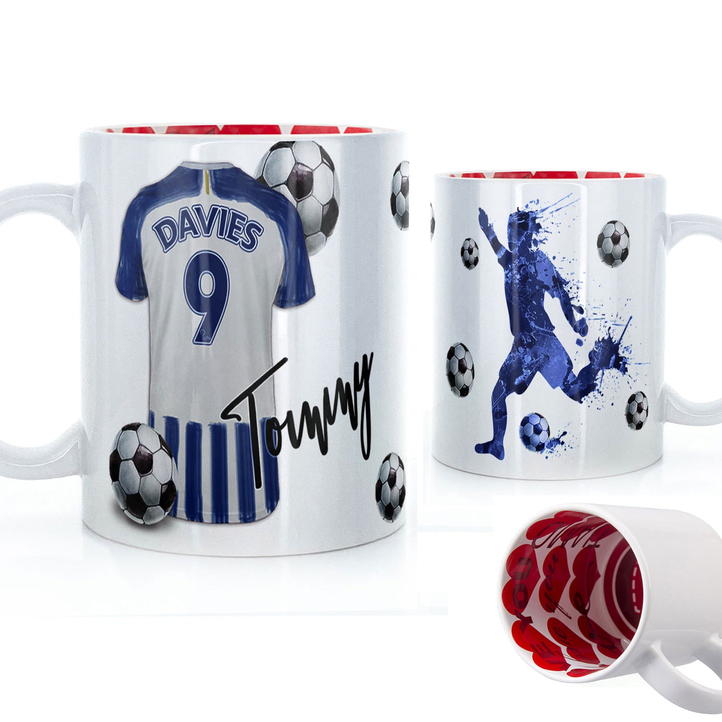 Personalised Mug with Stylish Text and White & Blue Striped Shirt with Name & Number