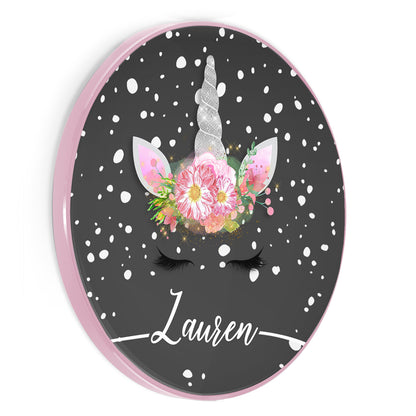Personalised Wireless Charger with Silver Floral Unicorn and Text on Dark Grey