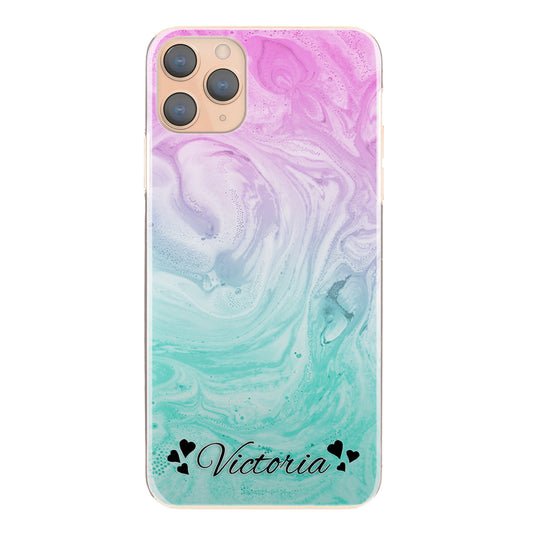 Personalised Apple iPhone Hard Case with Heart Styled Text on Cyan Magenta Gradient Swirled Marble