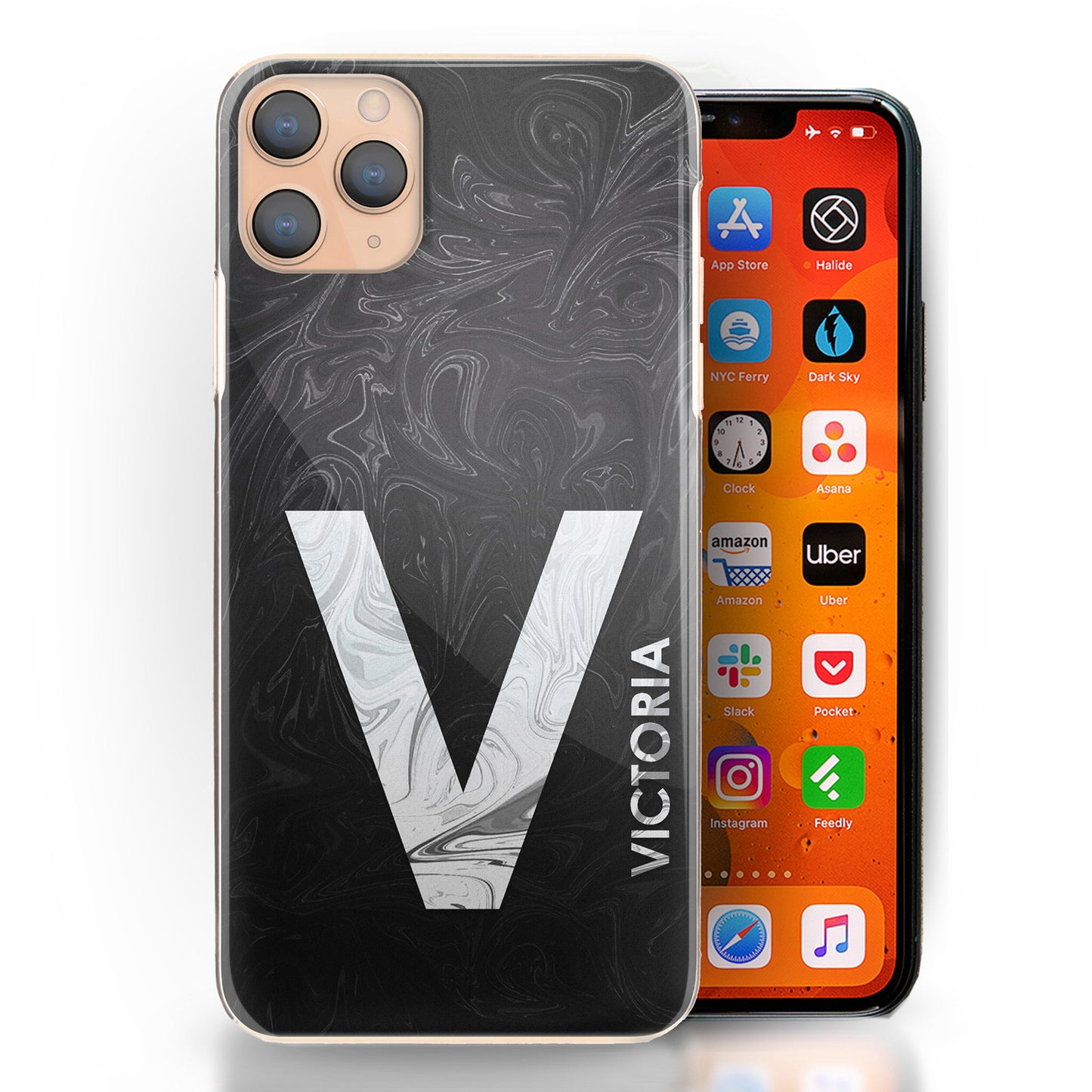 Personalised One Phone Hard Case with White Text and Initial on Black Swirled Marble