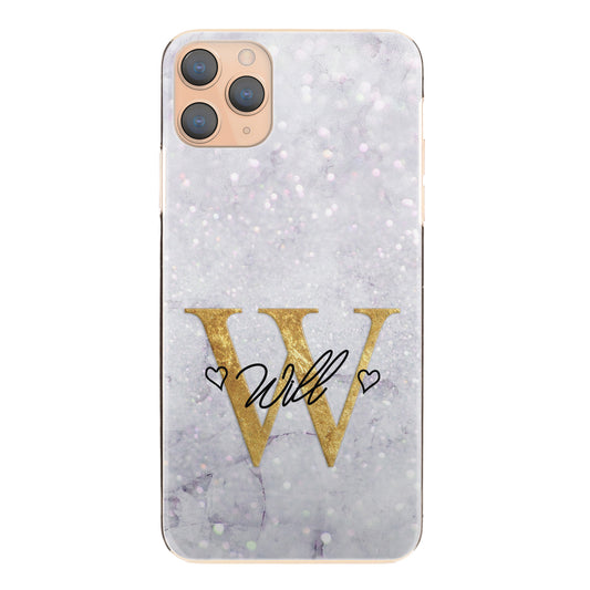 Personalised Apple iPhone Hard Case with Gold Initial and Heart Accented Text on Crystal Marble
