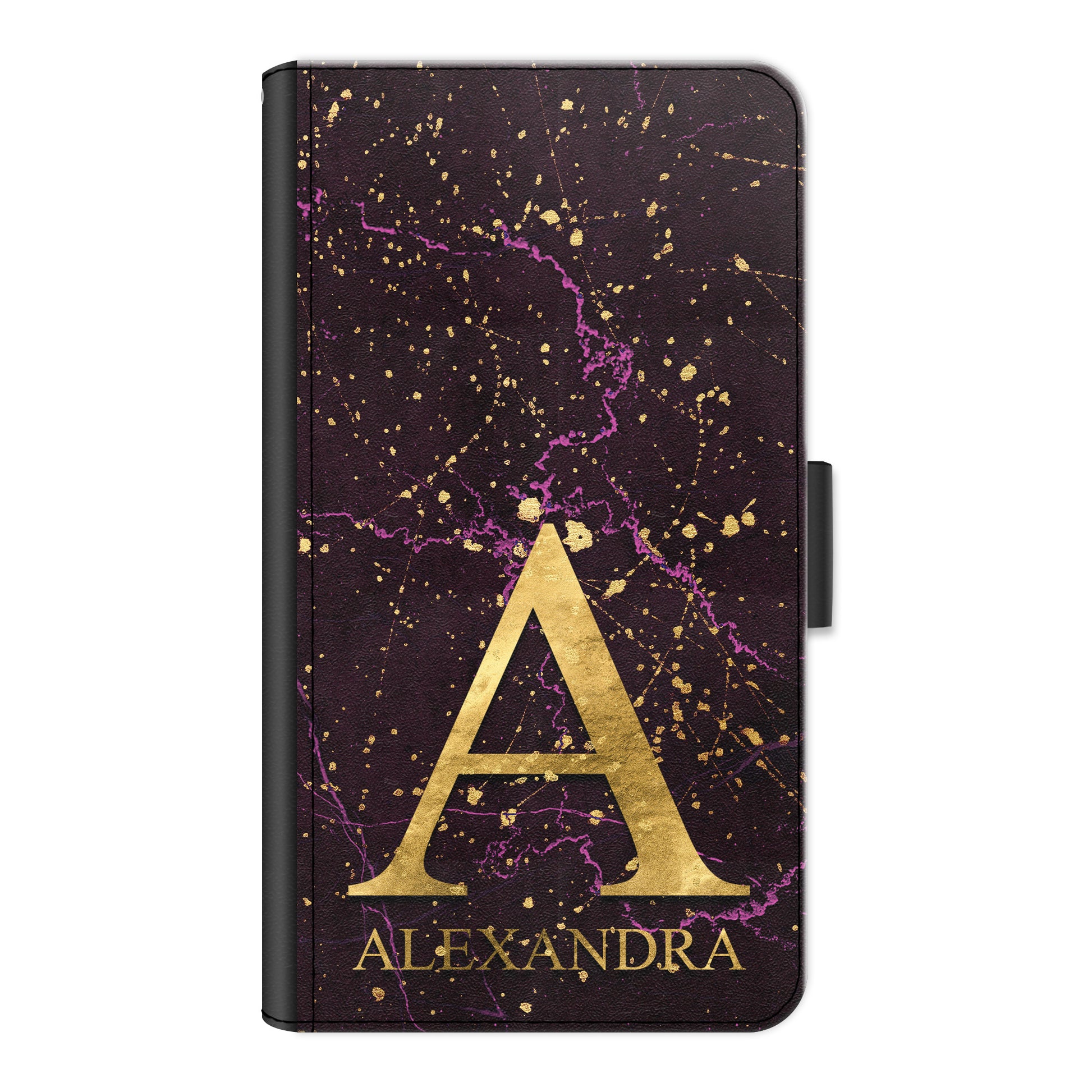 Personalised Huawei Phone Leather Wallet with Gold Monogram and Text on Pink and Gold Infused Black Marble