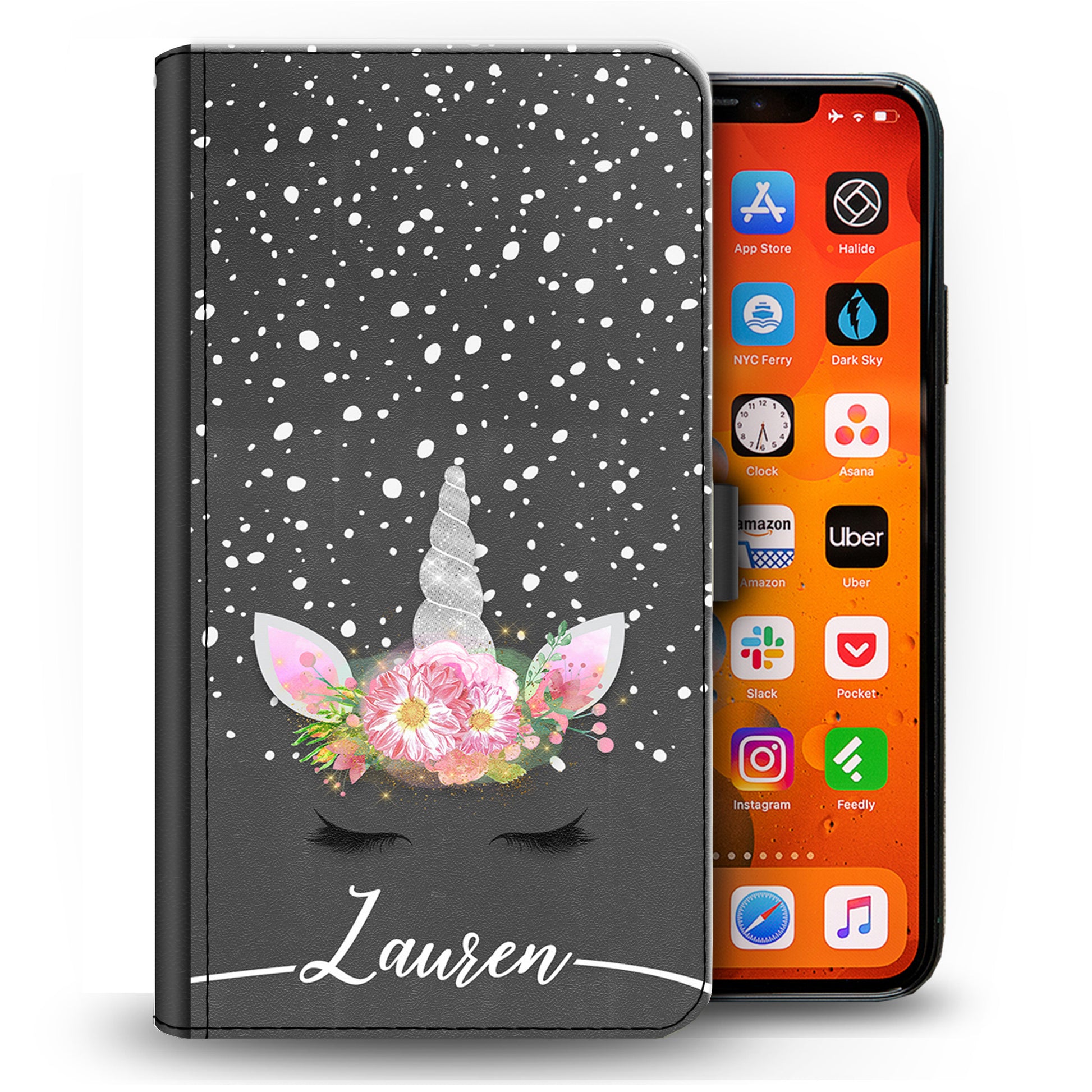Personalised Huawei Phone Leather Wallet with Silver Floral Unicorn and Text on Dark Grey