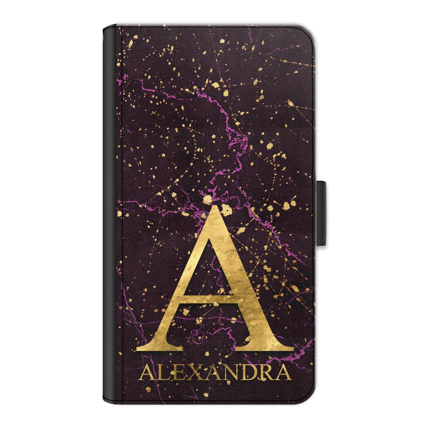 Personalised Motorola Phone Leather Wallet with Gold Monogram and Text on Pink and Gold Infused Black Marble