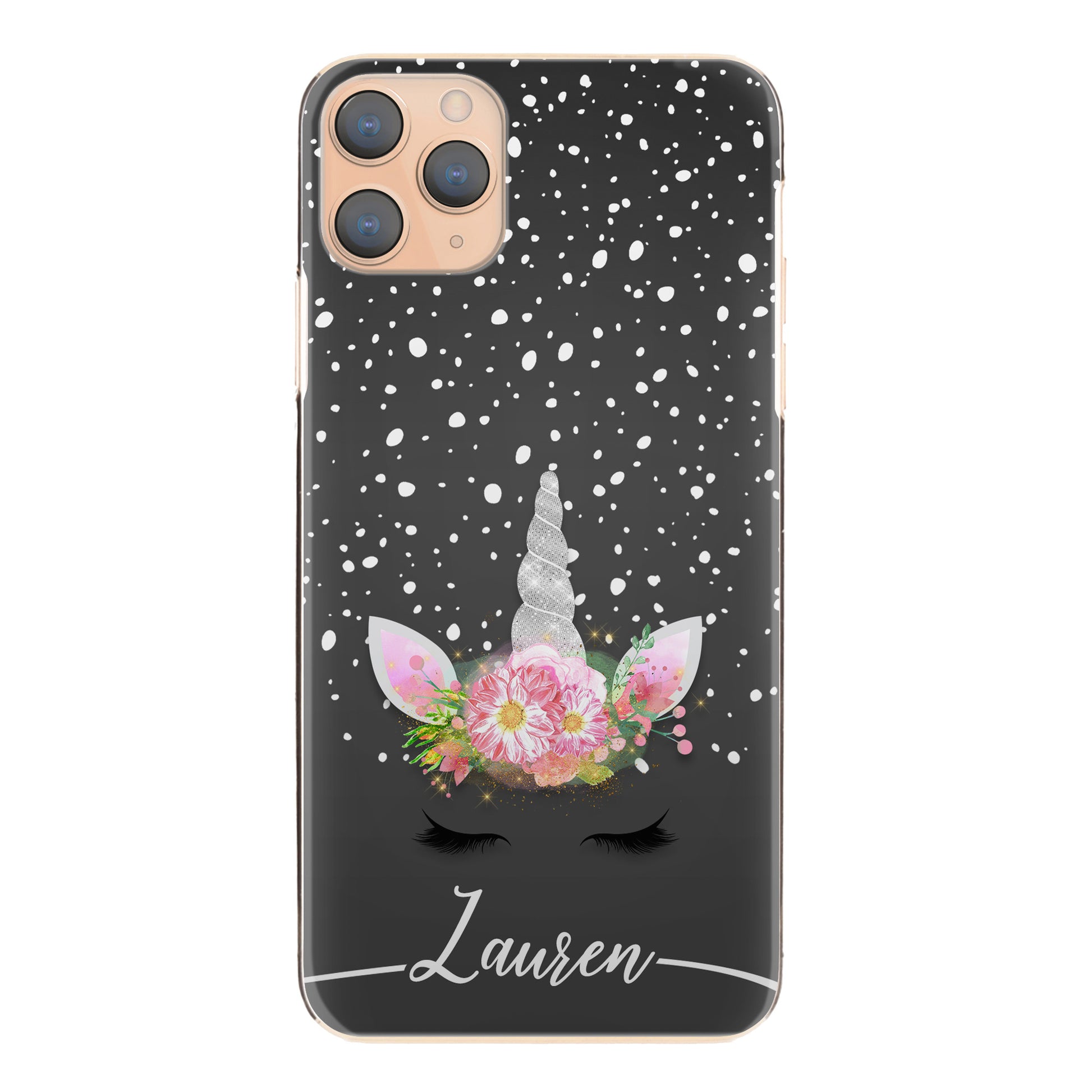 Personalised One Phone Hard Case with Silver Floral Unicorn and Text on Dark Grey