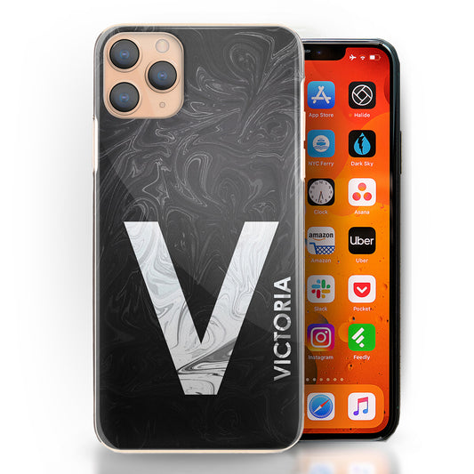 Personalised Xiaomi Phone Hard Case with White Text and Initial on Black Swirled Marble