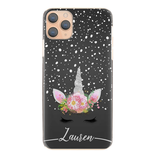 Personalised Oppo Phone Hard Case with Silver Floral Unicorn and Text on Dark Grey