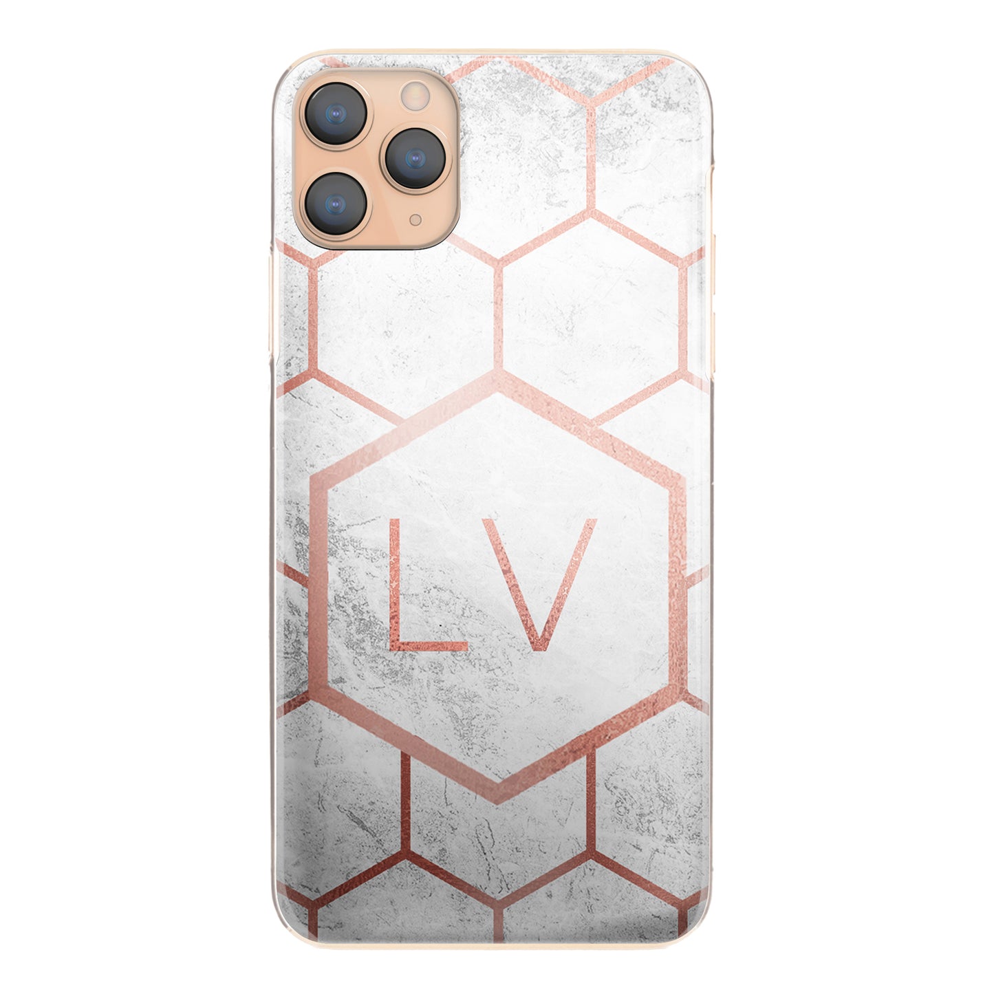 Personalised Sony Phone Hard Case with Pink Initials and Honeycomb Pattern on Grey Marble