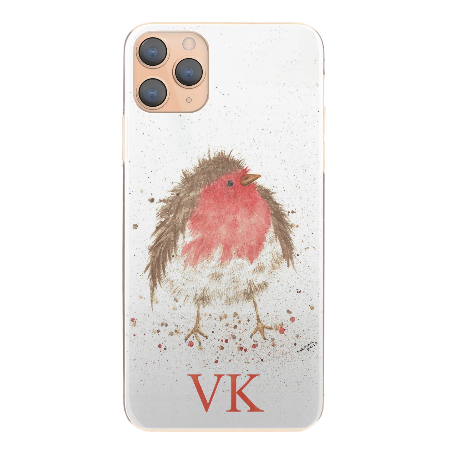 Personalised Huawei Phone Hard Case with Speckled Robin and Red Initials