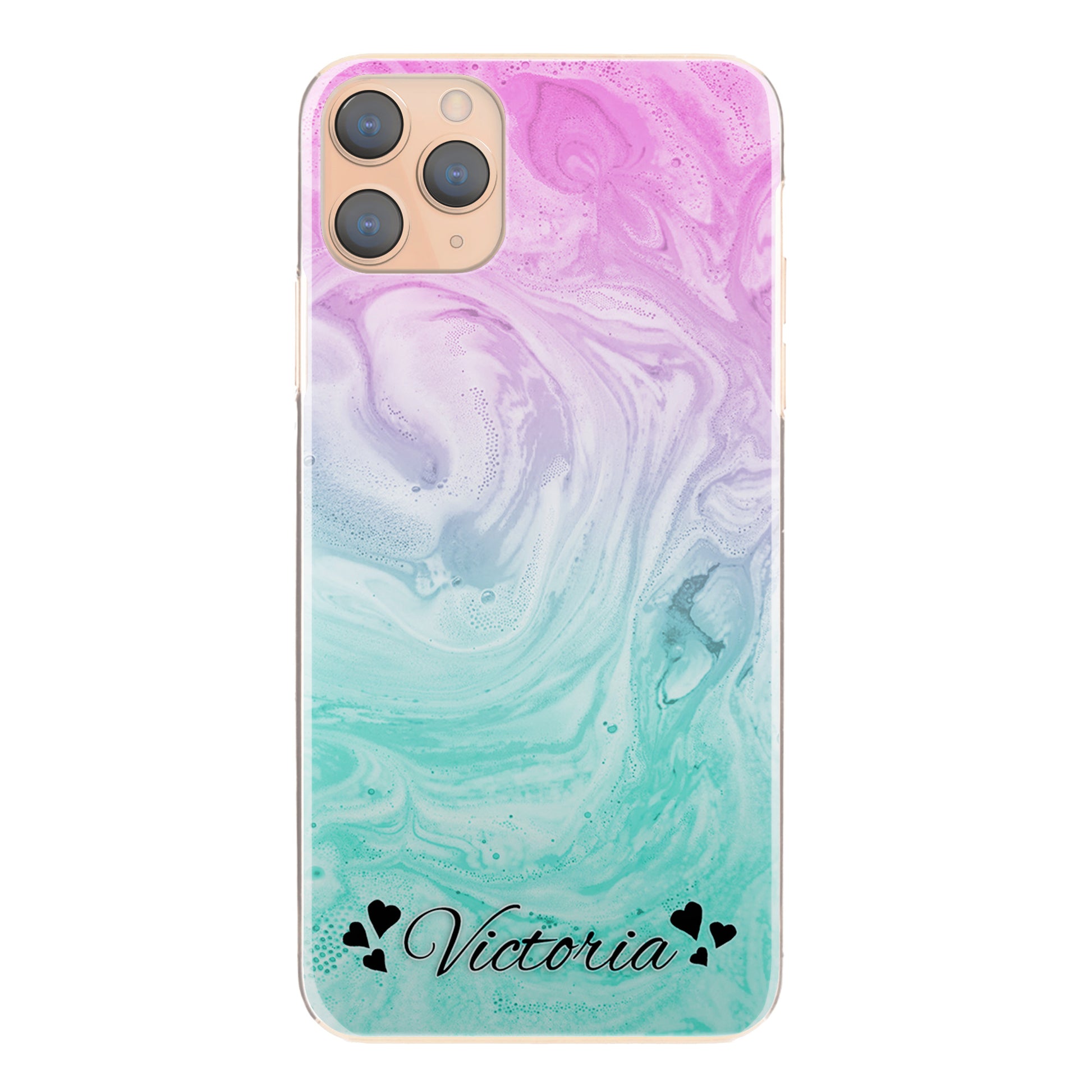 Personalised Motorola Phone Hard Case with Heart Styled Text on Cyan Magenta Gradient Swirled Marble