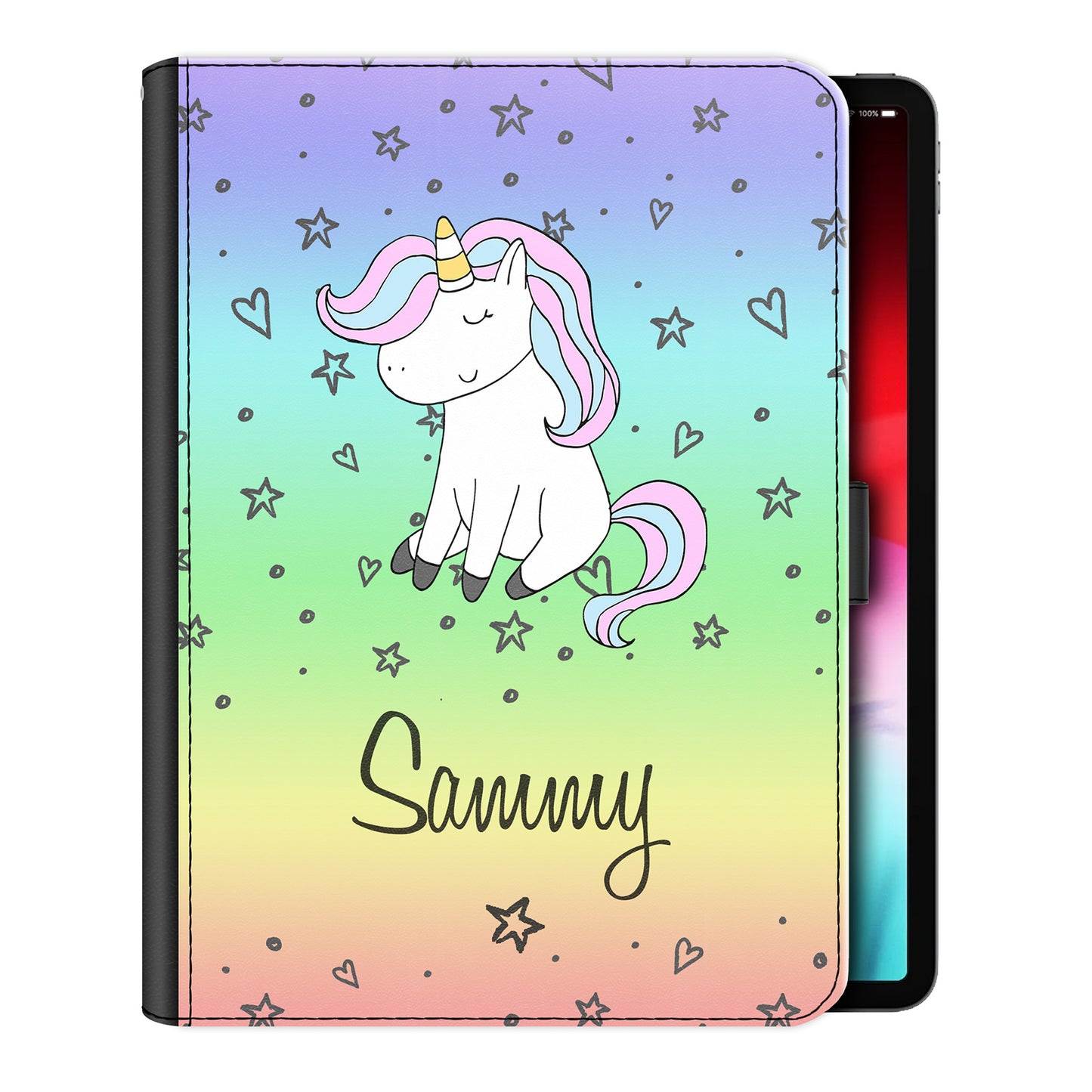 Personalised iPad Case with Pink and Blue Unicorn on Rainbow Stars and Hearts 