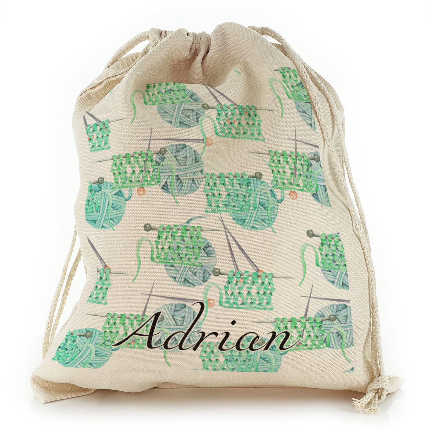 Personalised Canvas Sack with Stylish Text on Green Knitted Yarn and Ball Pattern 
