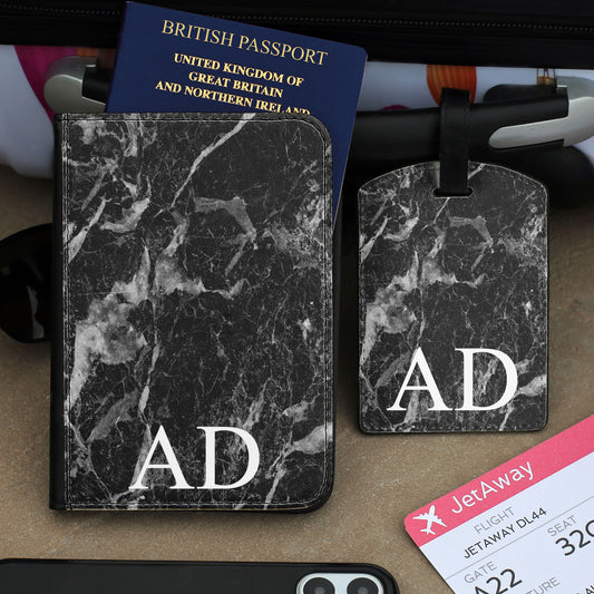 Personalised Passport Case & Tag with Black Marble & Text - Half Print