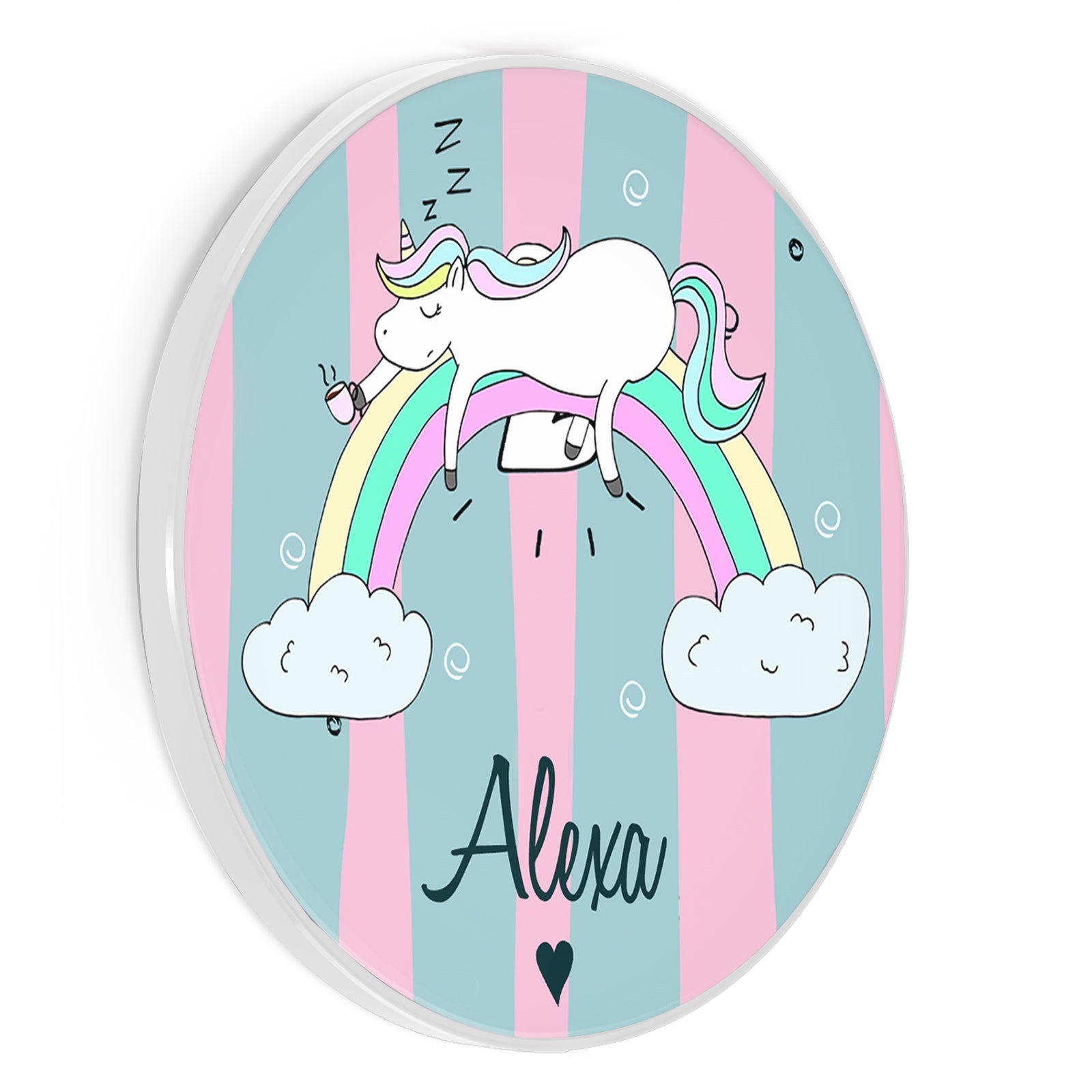 Personalised Wireless Charger with Sleeping Rainbow Unicorn on Blue Pink Stripe and Black Name