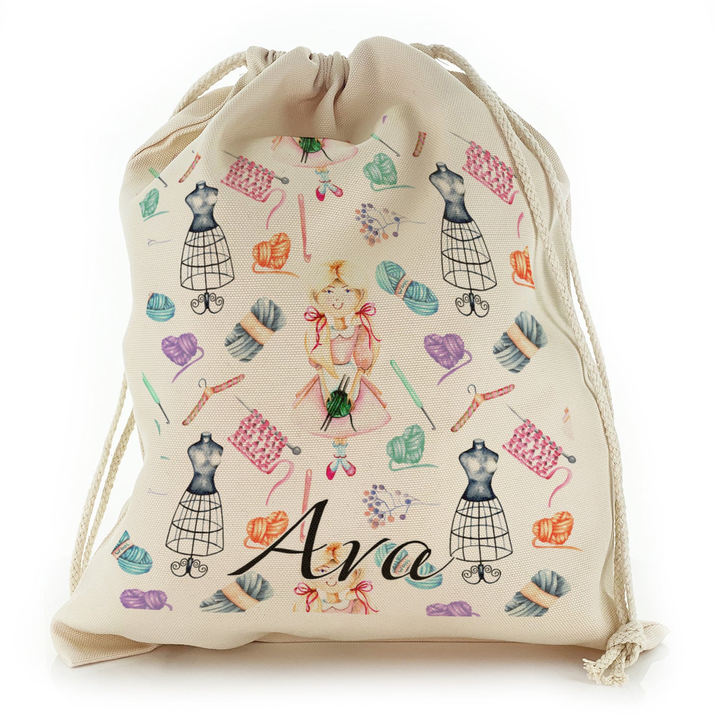 Personalised Canvas Sack with Stylish Text on Knitting Girl and Accessories Pattern