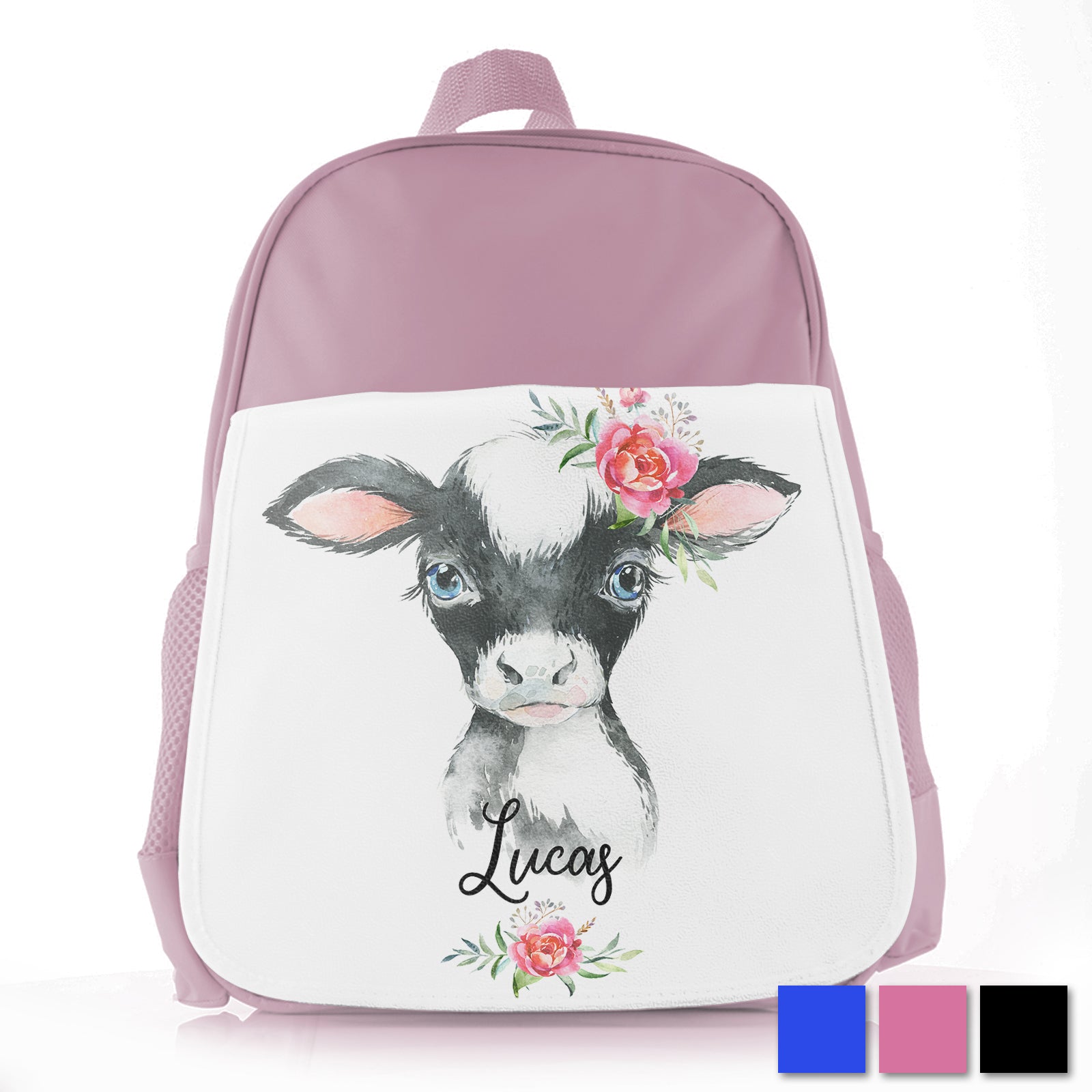 Personalised Cow Pink Roses Kids School Bag/Rucksack