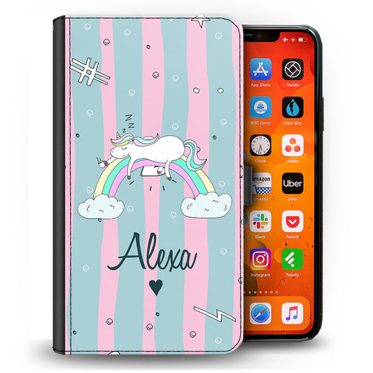 Personalised Sony Phone Leather Wallet with Sleeping Unicorn and Rainbow on Cartoon Stripes