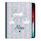 Personalised iPad Case with Sleeping Unicorn and Rainbow on Cartoon Stripes