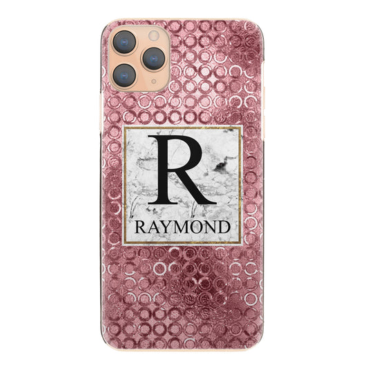 Personalised Apple iPhone Hard Case with Marble Text and Initial on Ringed Sparkle Pink 