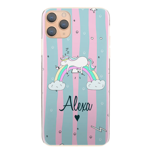 Personalised Apple iPhone Hard Case with Sleeping Unicorn and Rainbow on Cartoon Stripes