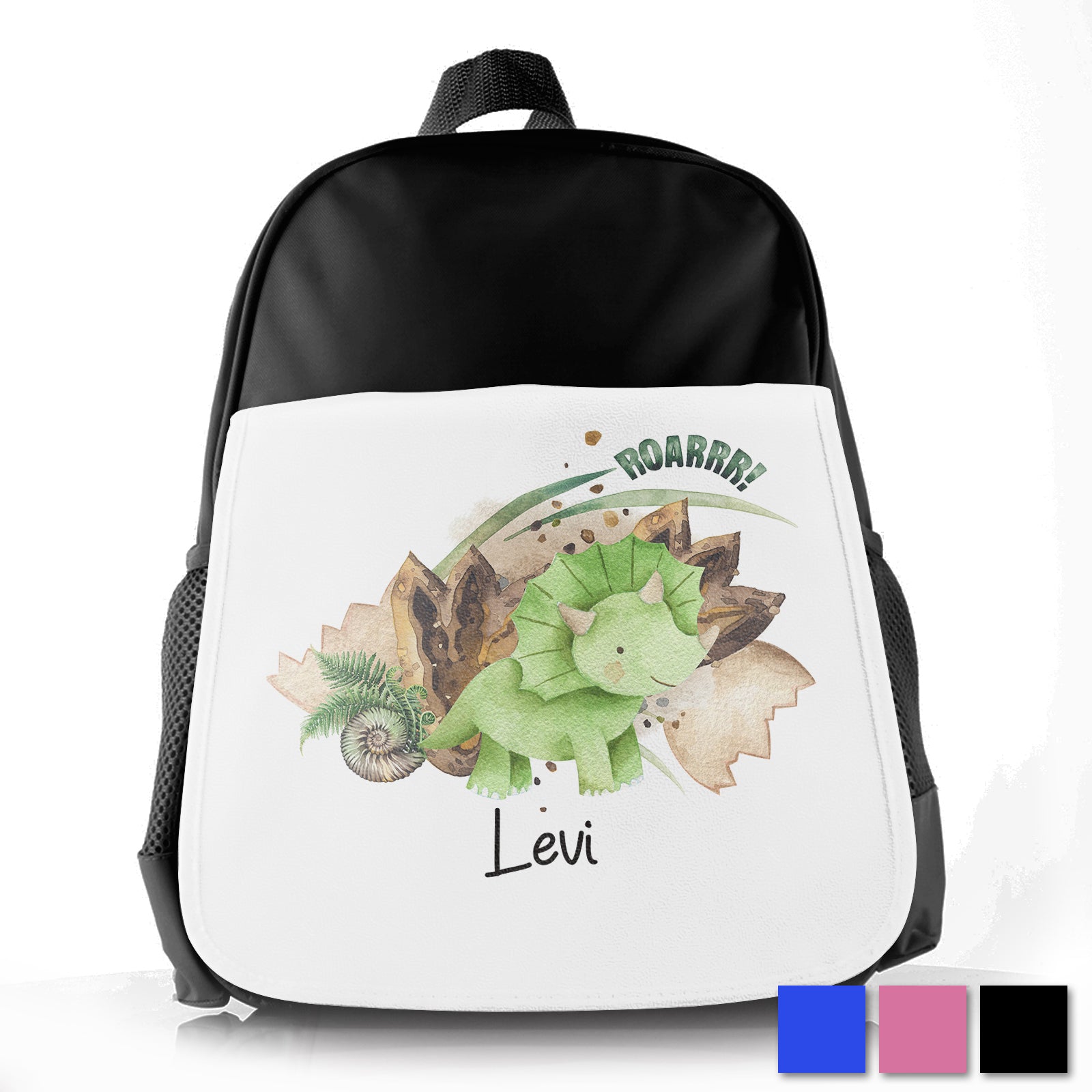 Personalised Green Triceratops and Name Kids School Bag/Rucksack