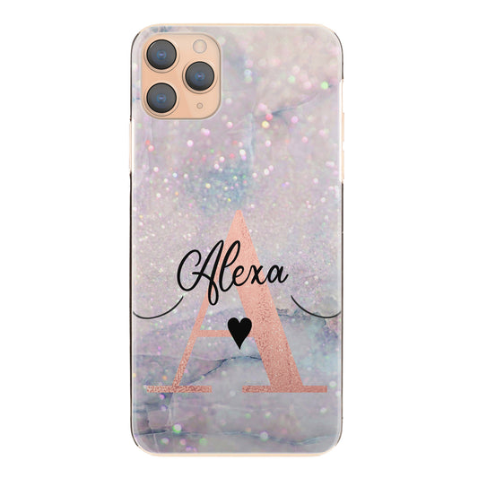 Personalised Samsung Galaxy Phone Hard Case with Stylish Heart Text and Pink Initial on Textured Glitter Effect