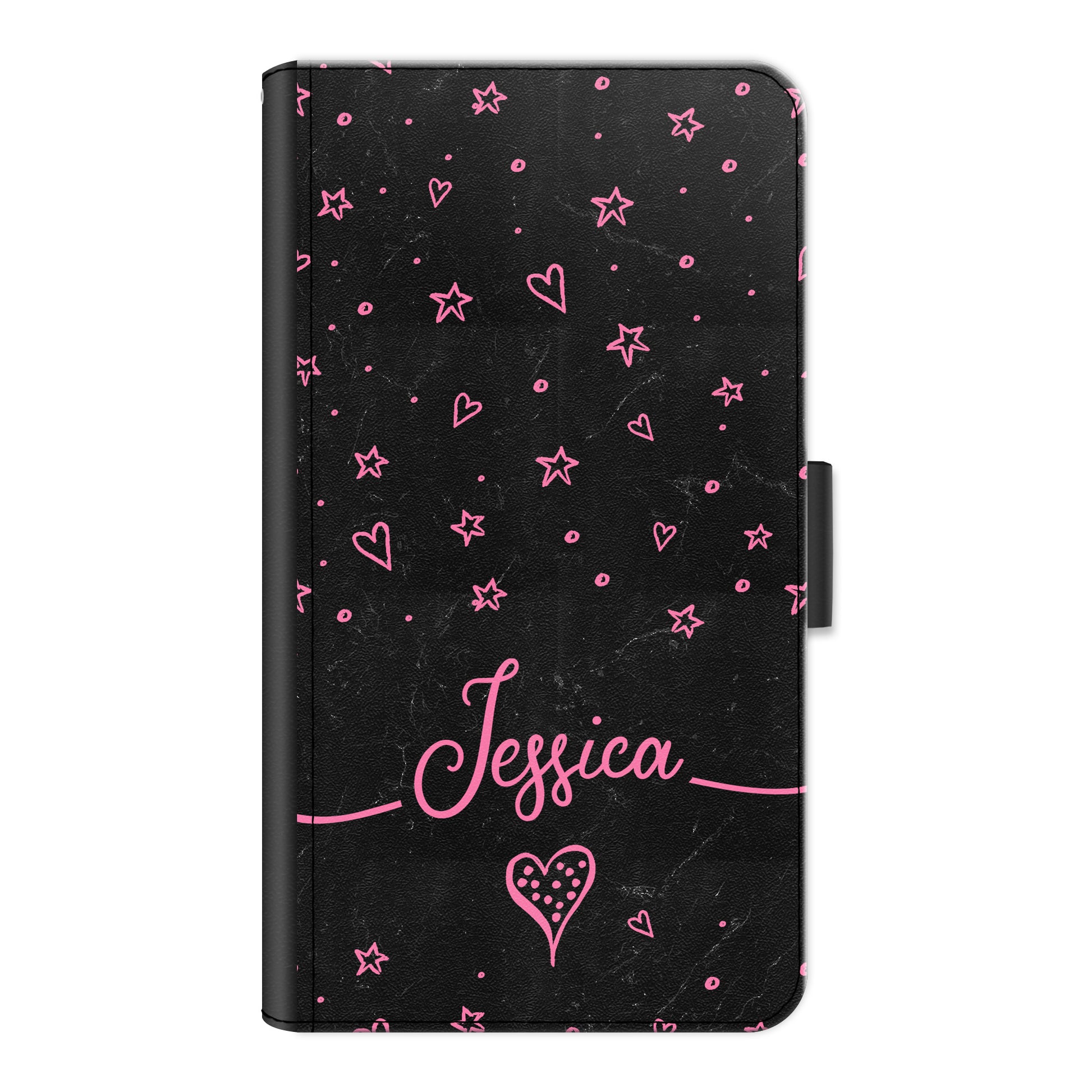Personalised HTC Phone Leather Wallet with Pink Stylish text, Stars and Hearts on Black Marble