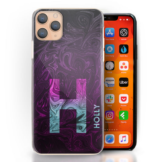 Personalised One Phone Hard Case with Cyan Magenta Gradient Text and Initial on Dark Magenta Swirled Marble