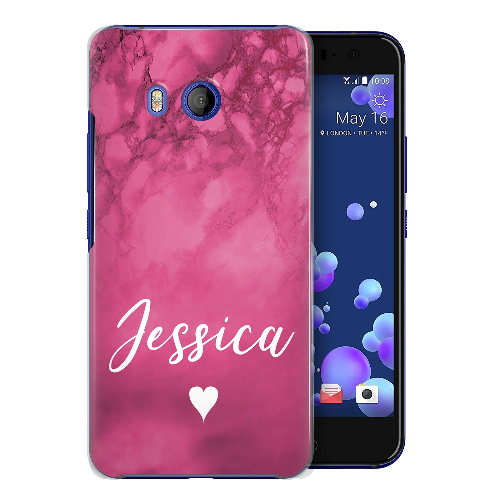 Personalised HTC Hard Case - Hot Pink Marble with Name & Heart