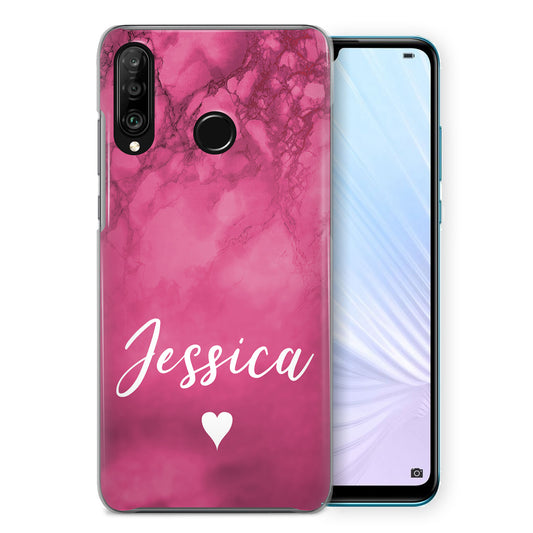 Personalised Huawei Hard Case - Hot Pink Marble with Name & Heart