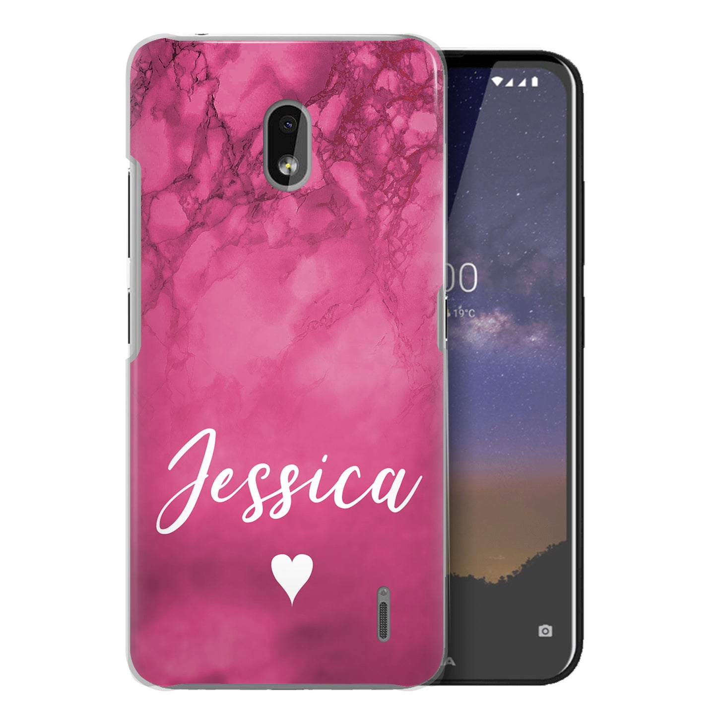 Personalised Nokia Hard Case - Hot Pink Marble with Name & Heart