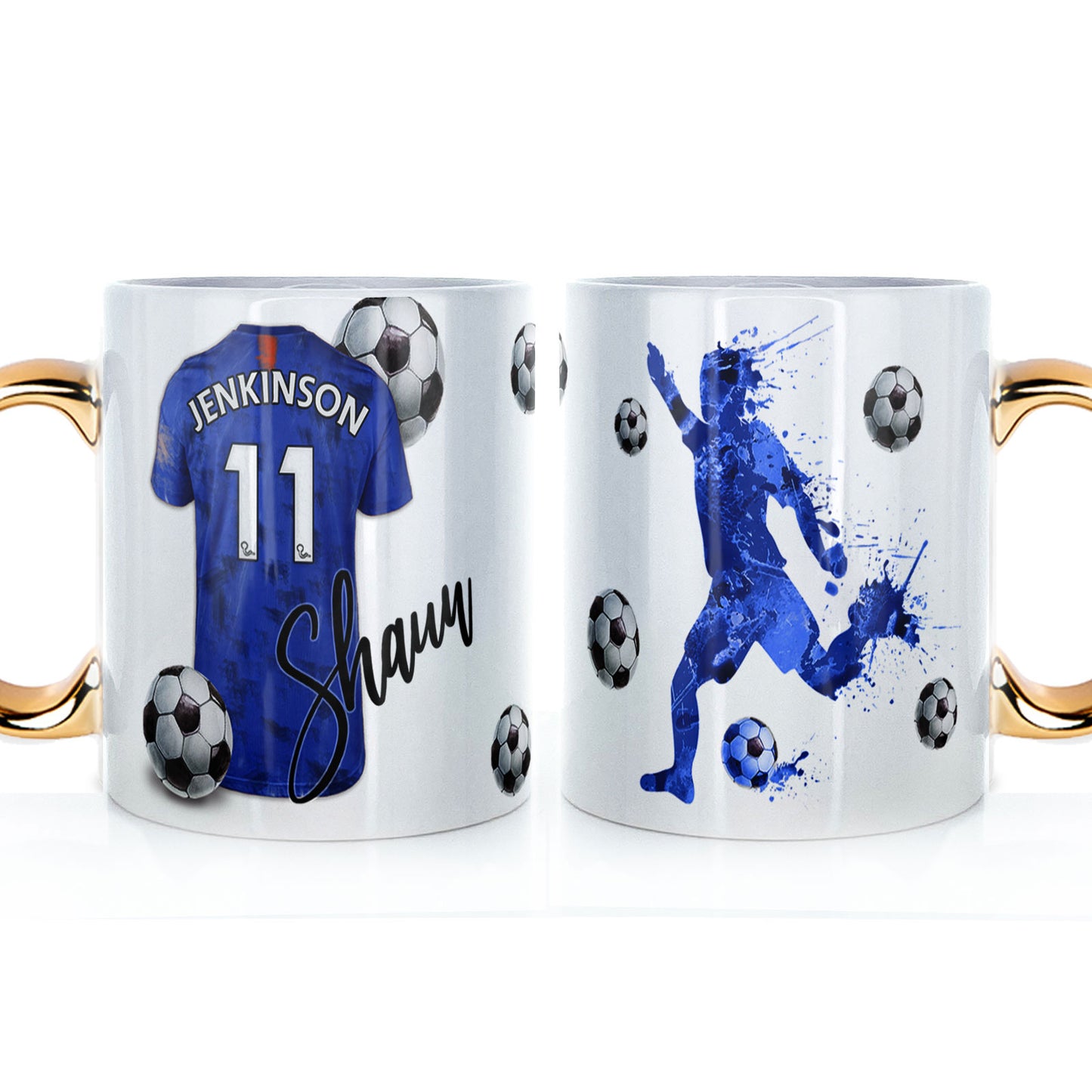 Personalised Mug with Stylish Text and Patterned Blue Shirt with Name & Number