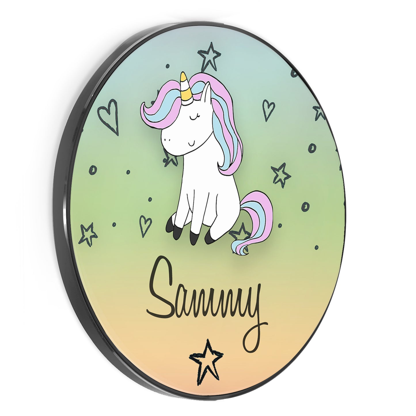 Personalised Wireless Charger with Pink and Blue Unicorn on Rainbow Stars and Hearts.