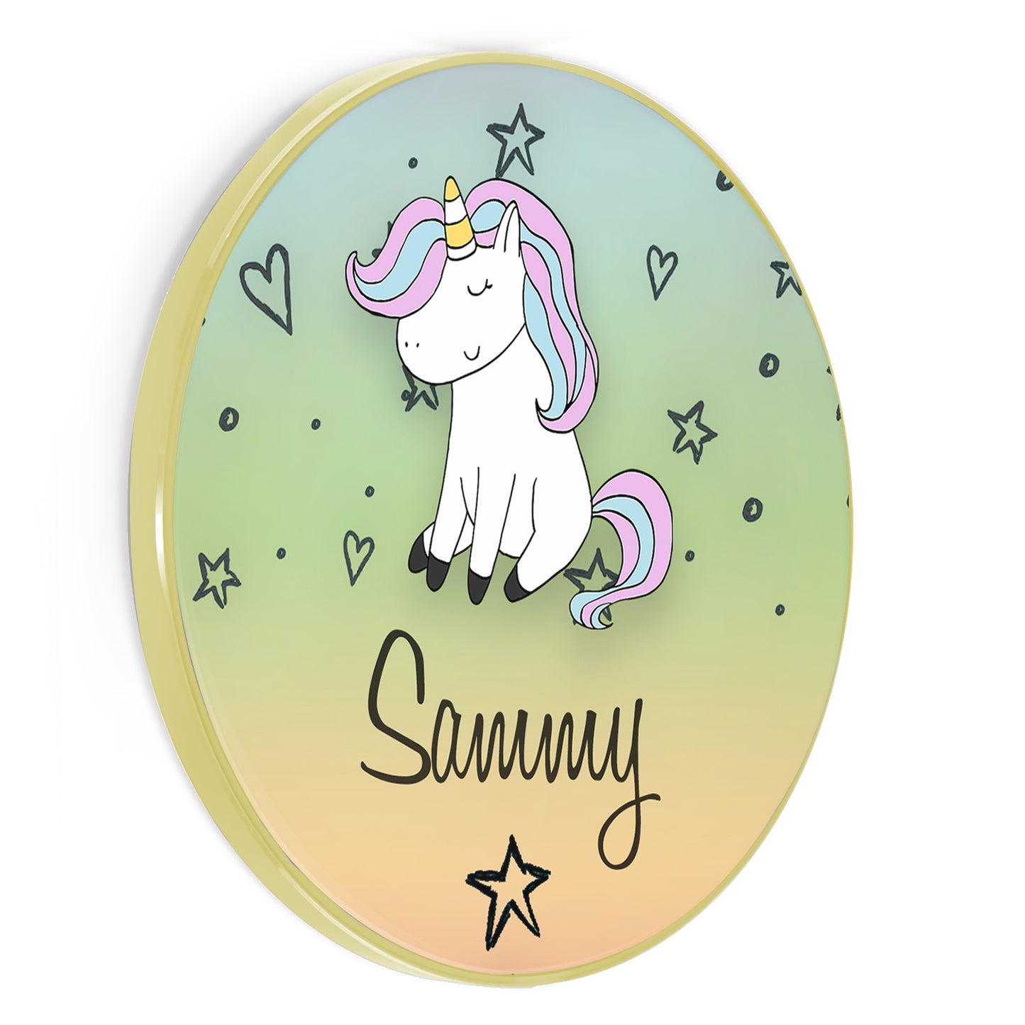 Personalised Wireless Charger with Pink and Blue Unicorn on Rainbow Stars and Hearts.