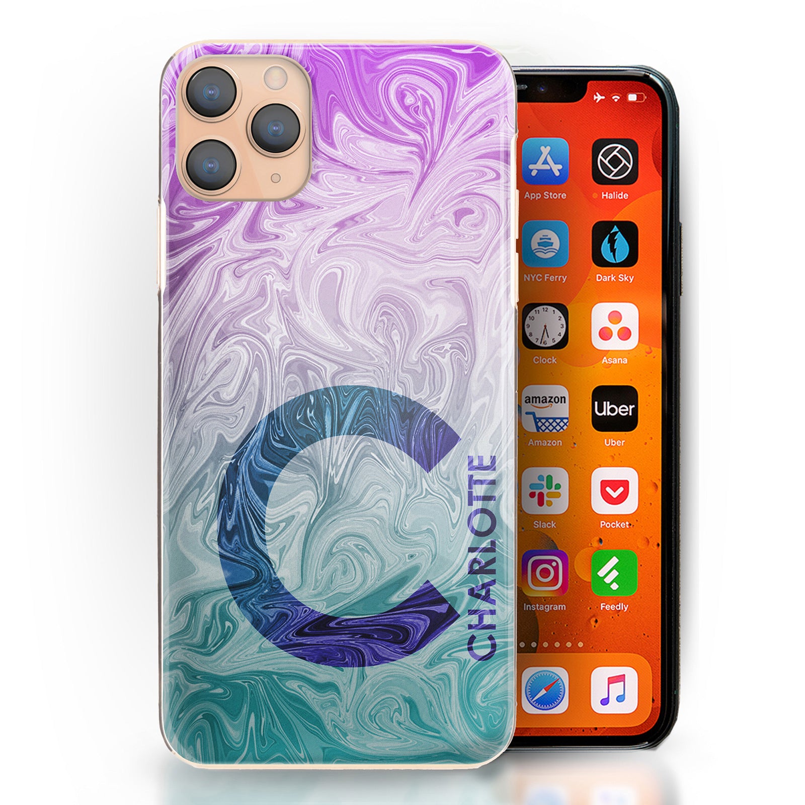 Personalised Huawei Phone Hard Case with Blue Turquoise Gradient Text and Initial on Purple Cyan Gradient Swirled Marble