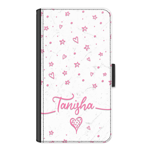 Personalised Motorola Phone Leather Wallet with Pink Stylish text, Stars and Hearts on White Marble