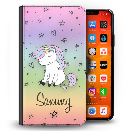 Personalised HTC Phone Leather Wallet with Pink and Blue Unicorn on Rainbow Stars and Hearts