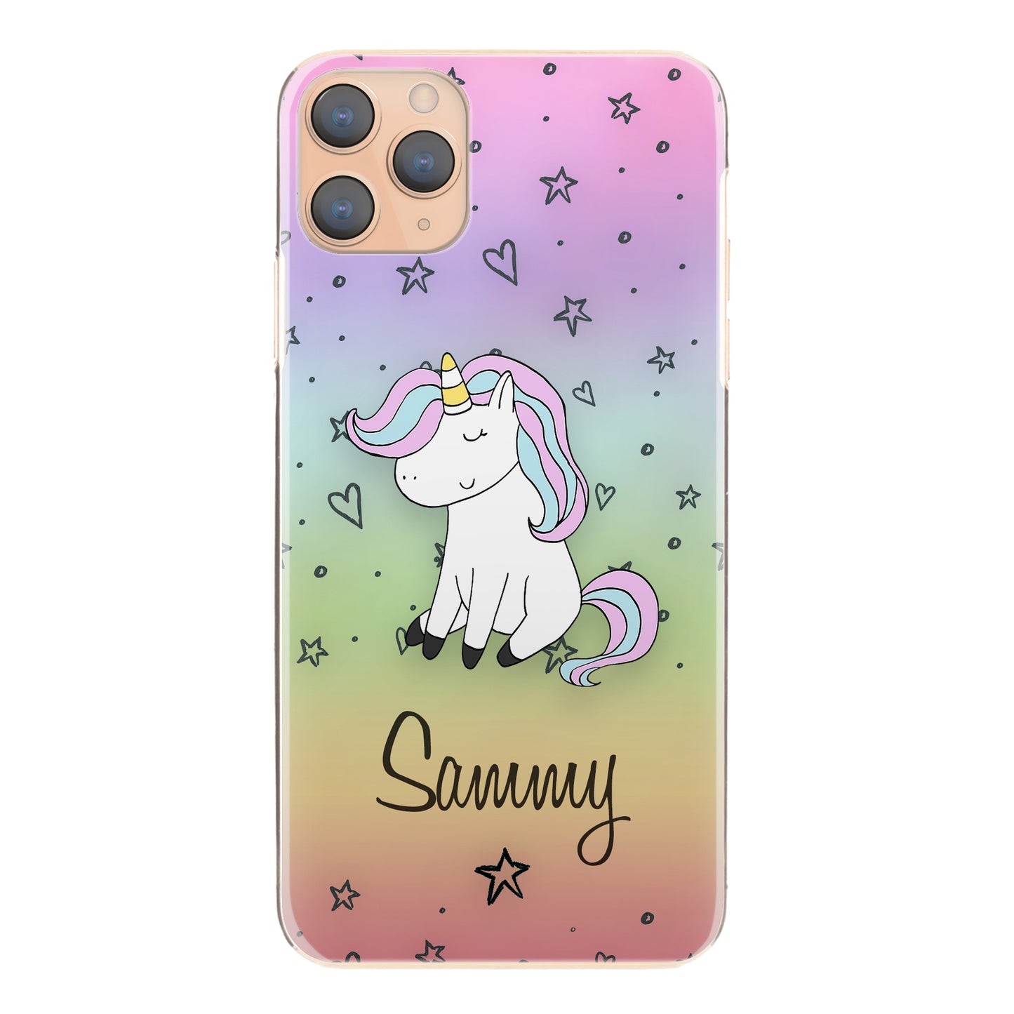 Personalised One Phone Hard Case with Pink and Blue Unicorn on Rainbow Stars and Hearts