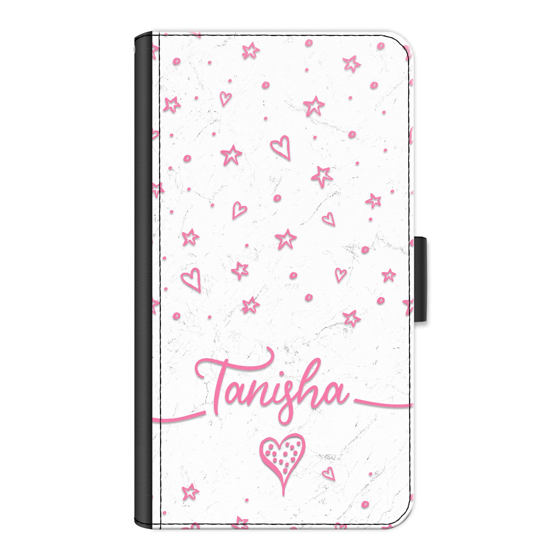 Personalised One Phone Leather Wallet with Pink Stylish text, Stars and Hearts on White Marble