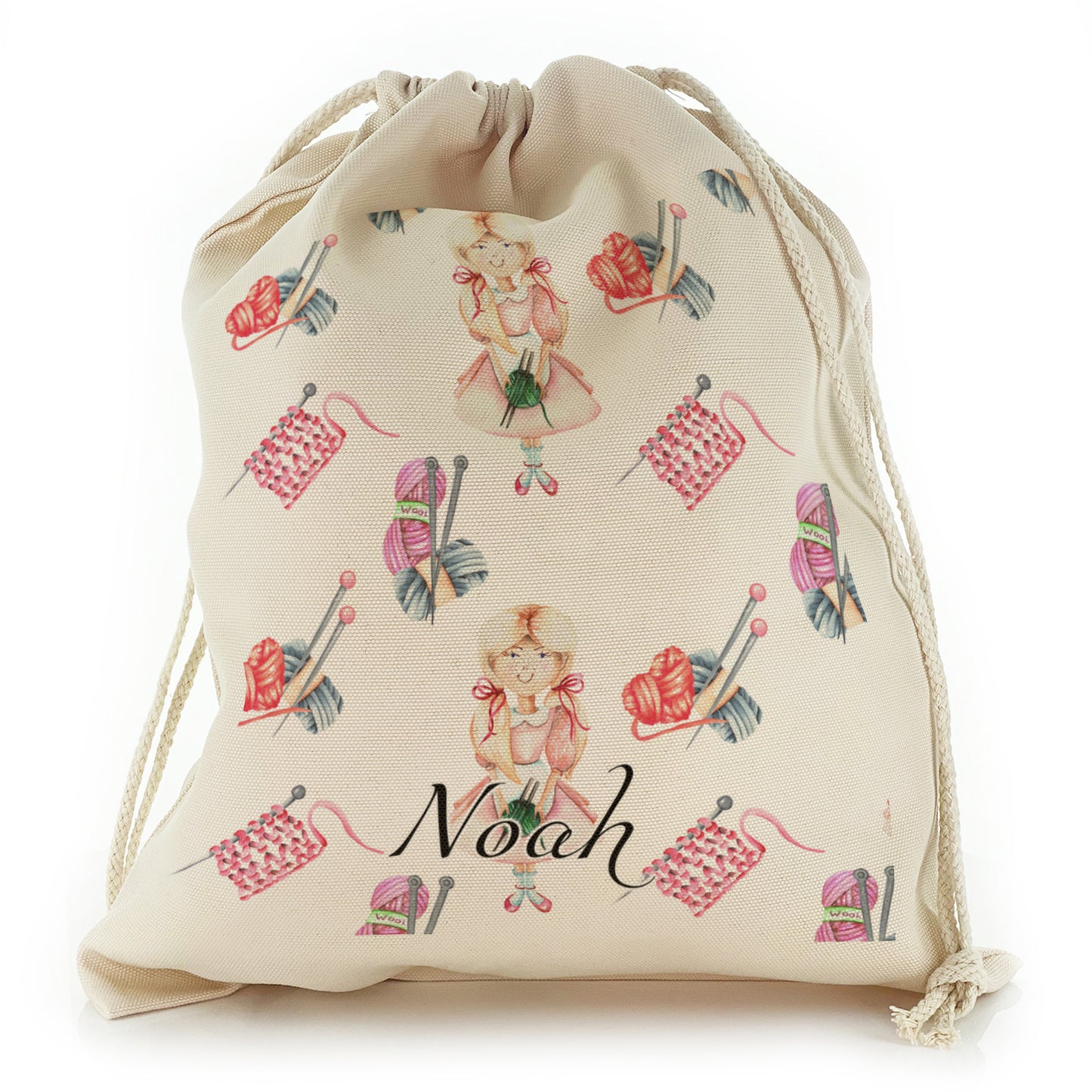 Personalised Canvas Sack with Stylish Text on Knitting Girl and Pink Knitted Yarn Pattern 