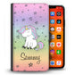 Personalised One Phone Leather Wallet with Pink and Blue Unicorn on Rainbow Stars and Hearts
