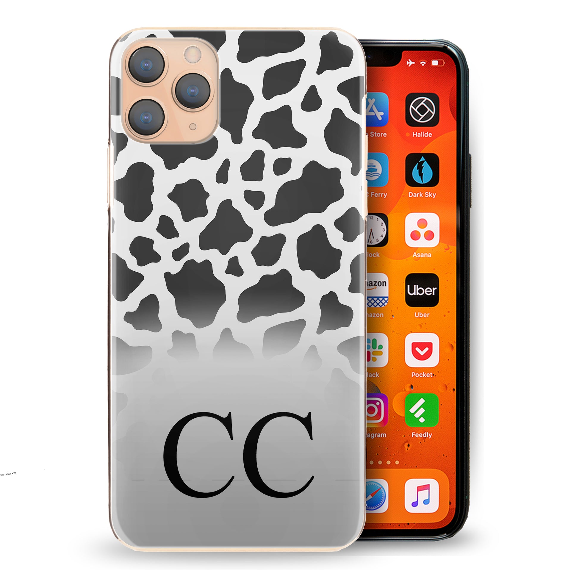 Personalised Oppo Phone Hard Case Black Initial on Cow Print