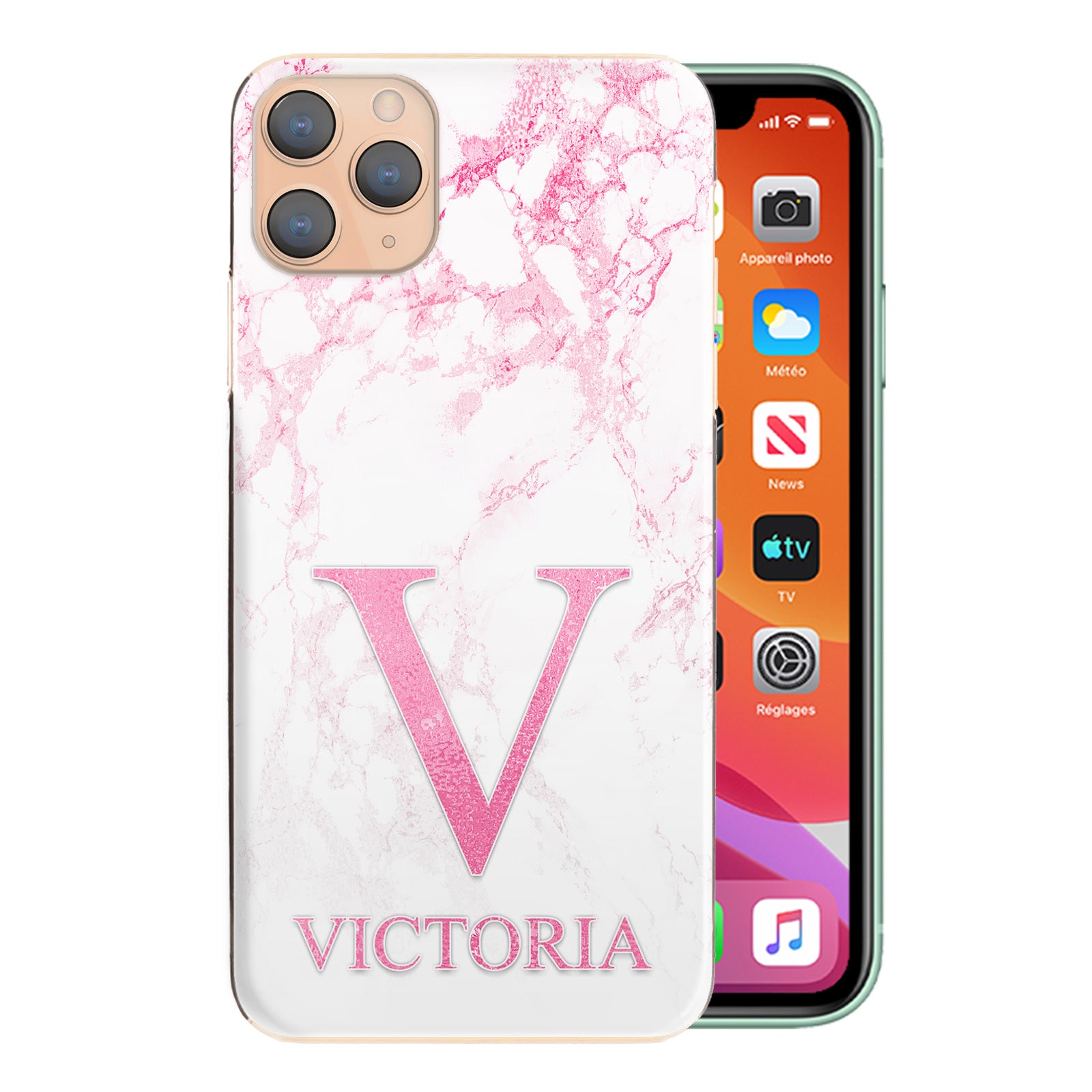 Personalised Apple iPhone Hard Case - Pink Marble & Pink Initial/Name